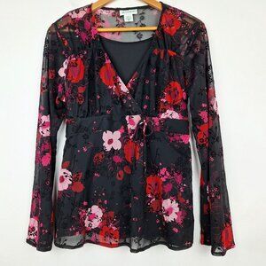 Dark Floral Sheer Velvet Burnout Empire Maternity Blouse, Size M. Black Pink